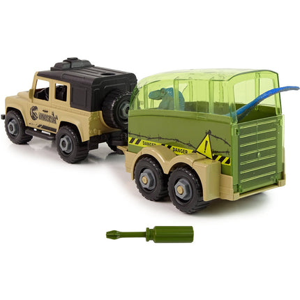 DIY Speelgoed dinosaurus terreinwagen met trailer en dino