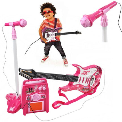 Elektrische gitaar met microfoon en versterker voor kinderen roze
