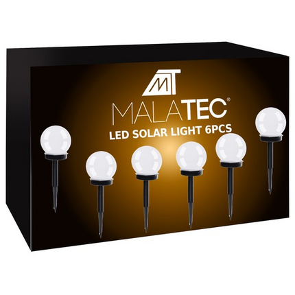 Malatec Solar tuinverlichting set 6 stuks met grondspies op zonne energie bolvormig 32cm hoog LED wit