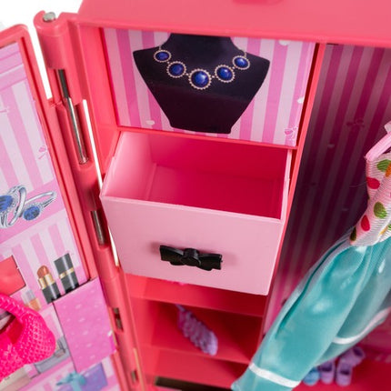 Poppen kledingkast en garderobe met accessoires roze