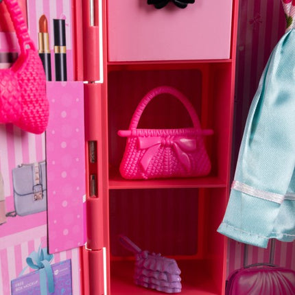 Poppen kledingkast en garderobe met accessoires roze