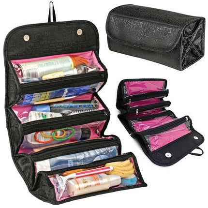 Roll-N-Go compacte cosmetica tas/toilettas voor op reis met 4 aparte vakken zwart