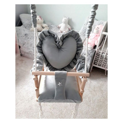 Luxe houten 3 in 1 handgemaakte licht grijze meegroei babyschommel en kinderschommel met hartvormig kussen