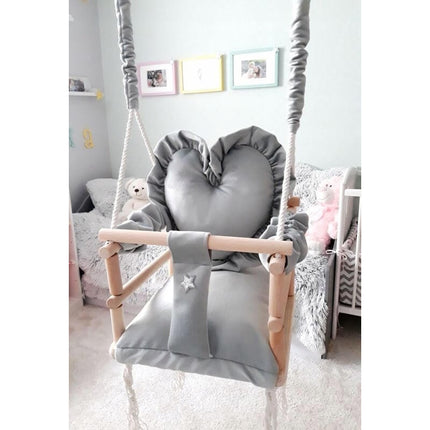 Luxe houten 3 in 1 handgemaakte licht grijze meegroei babyschommel en kinderschommel met hartvormig kussen