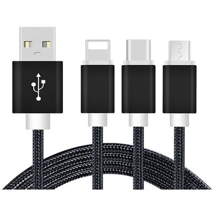 Reekin 3 in 1 oplaadkabel (USB Micro, USB Type-C, Lightning) 1,2 Meter (Zwart/Nylon)