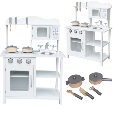 Luxe houten speelkeuken + gratis 5 delige accessoires set - Speelgoed keuken met 2 branders en wasbak 85 x 59,5 x 30 cm wit