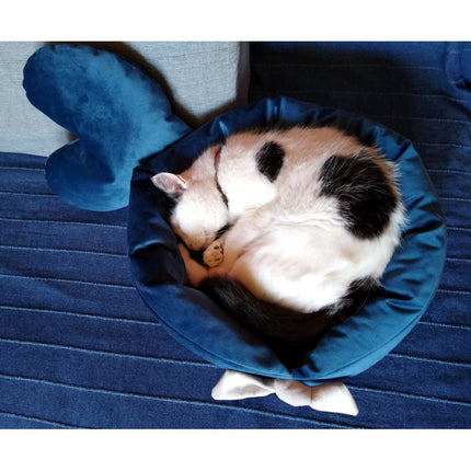 Handgemaakte luxe honden of kattenmand 45 x 45 cm inclusief hartvormig kussen velvet donkerblauw