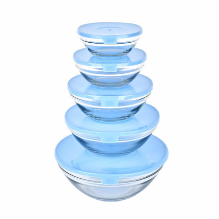 Tadar glazen kommen set van 5 inclusief bijpassende deksels blauw