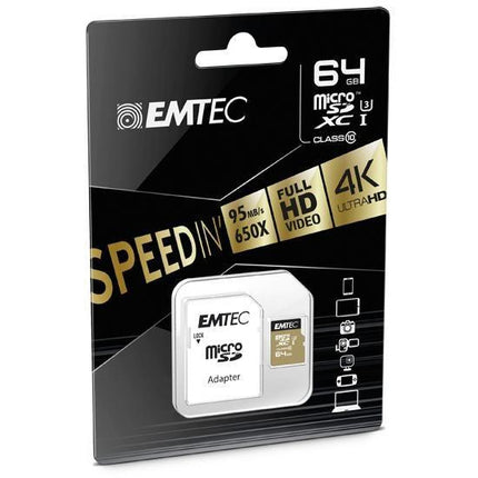 Emtec MicroSDXC 64GB SpeedIn CL10 95MB/s FullHD 4K UltraHD zwart/goud