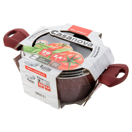 Florina Casanova aluminium kookpan met 3-laags coating inclusief glazen deksel 20 cm 2.4 liter stone look rood