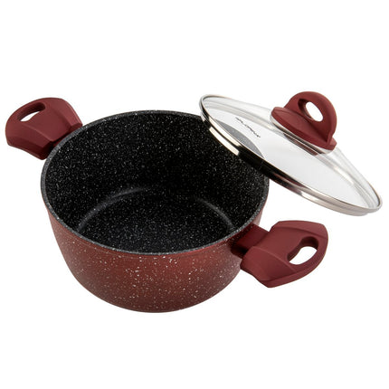 Florina Casanova aluminium kookpan met 3-laags coating inclusief glazen deksel 20 cm 2.4 liter stone look rood