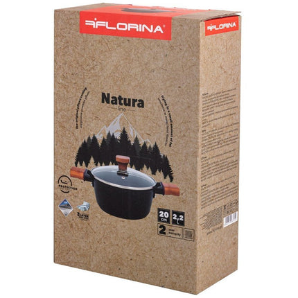 Florina Natura Line kookpan met 3-laags keramische coating en glazen deksel 20cm 2,2L mat zwart / bruin
