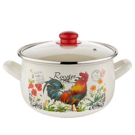 Emalia retro haan rooster geëmailleerde vintage kookpan 20 cm 4.2 Liter crème / rood