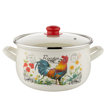 Emalia retro haan rooster geëmailleerde vintage kookpan 22 cm 5.3 Liter crème / rood