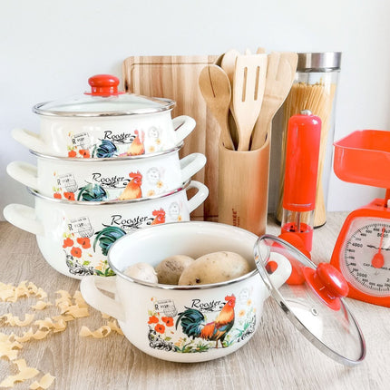 Emalia retro haan rooster geëmailleerde vintage kookpan 16 cm 2.2 Liter crème / rood