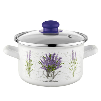 Emalia Bukiet Lavendel decoratie geëmailleerde kookpan met glazen deksel 16 cm 2.1 Liter wit / paars