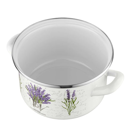 Emalia Bukiet Lavendel decoratie geëmailleerde kookpan met glazen deksel 16 cm 2.1 Liter wit / paars
