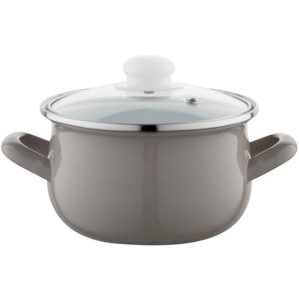Emalia Capri retro taupe lichtgrijs klassieke geëmailleerde kookpan met glazen deksel 18 cm - 3.0L