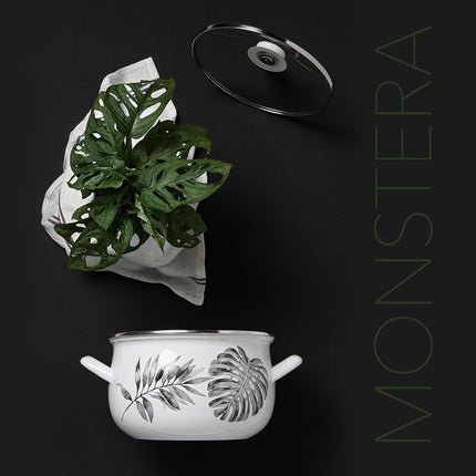 Emalia Monstera deliciosa blad decoratie geëmailleerde kookpan met glazen deksel 20 cm 4.2 Liter wit / zwart