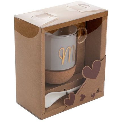 Florina dubbelwandig glas 240 ml met kurk voet en gouden opdruk Mr - Inclusief porseleinen lepeltje in geschenkverpakking