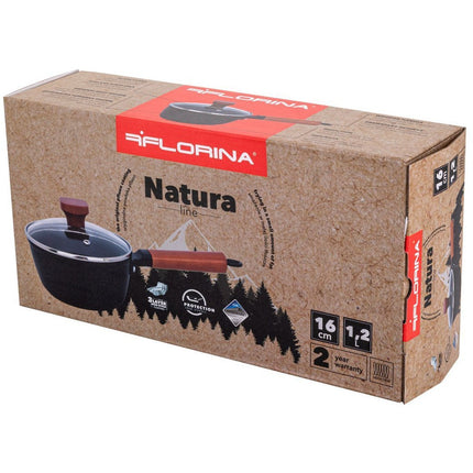 Florina Natura Line steelpan met 3-laags keramische coating en glazen deksel 16 cm 1,3L mat zwart / bruin