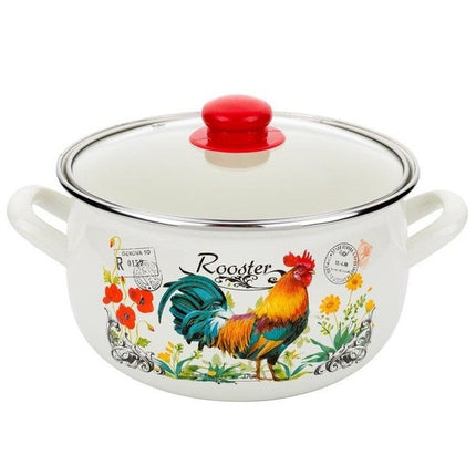 Emalia retro haan rooster geëmailleerde vintage kookpan 18 cm 3 Liter crème / rood