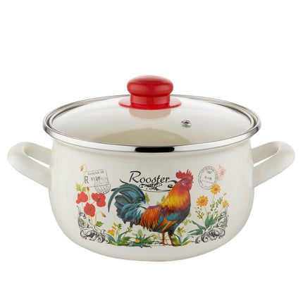 Emalia retro haan rooster geëmailleerde vintage kookpan 18 cm 3 Liter crème / rood