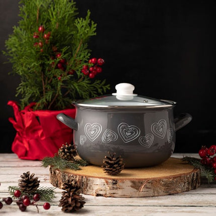 Emalia MerryLove geëmailleerde kerst kookpan met glazen deksel 18 cm 3 Liter grijs