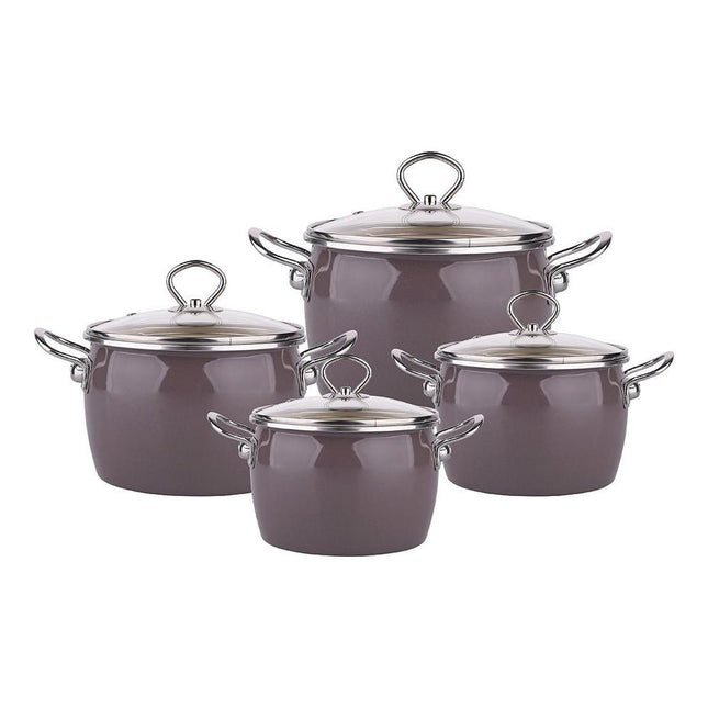 Silesia Balbina taupe 8 delige retro emaille pannenset - geschikt voor inductie - kookpannenset.nl