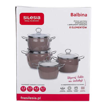 Silesia Balbina taupe 8 delige retro emaille pannenset - geschikt voor inductie - kookpannenset.nl