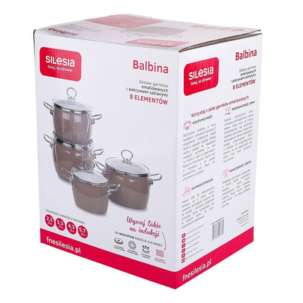 Silesia Balbina taupe 8 delige retro emaille pannenset - geschikt voor inductie - kookpannenset.nl