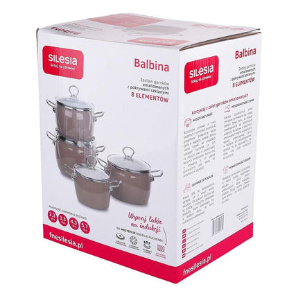 Silesia Balbina taupe 8 delige retro emaille pannenset - geschikt voor inductie - kookpannenset.nl