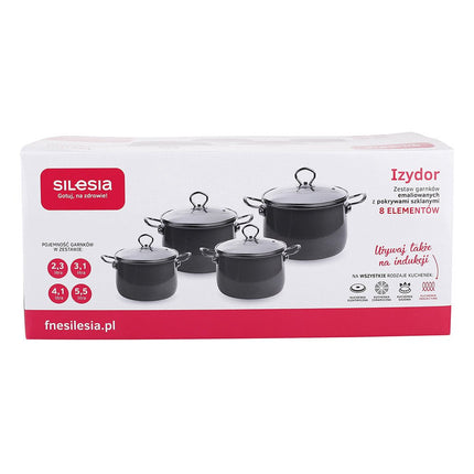 Silesia Izydor vintage latte 8 delige emaille retro pannenset - geschikt voor inductie - kookpannenset.nl