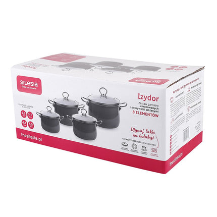 Silesia Izydor vintage latte 8 delige emaille retro pannenset - geschikt voor inductie - kookpannenset.nl