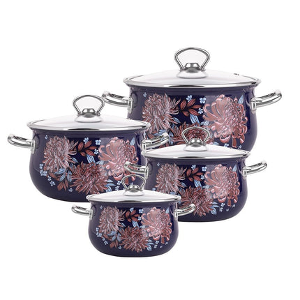 Silesia Kate vintage blauw met bloemen 8 delige emaille pannenset - geschikt voor inductie - kookpannenset.nl