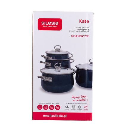 Silesia Kate vintage donkergrijs 8 delige emaille retro pannenset - geschikt voor inductie - kookpannenset.nl